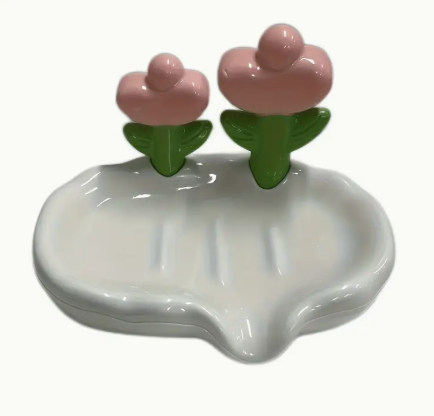 Porte-savon ovale en plastique avec motif floral auto-drainant, salle de bain design