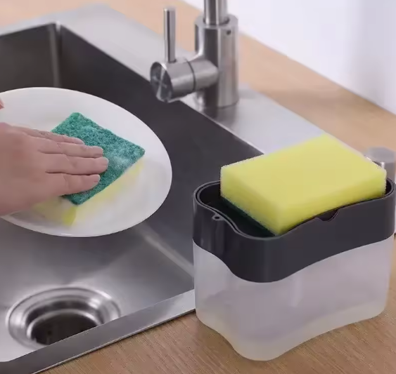 Distributeur de savon 380 ml avec support éponge, design compact