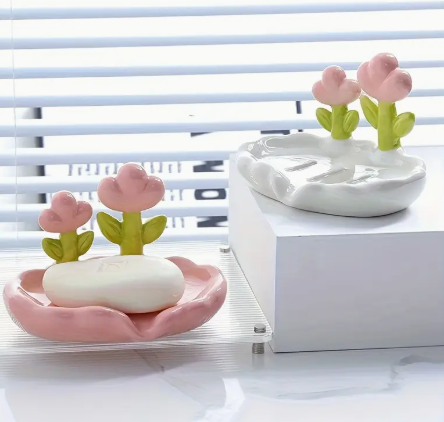 Porte-savon ovale en plastique avec motif floral auto-drainant, salle de bain design